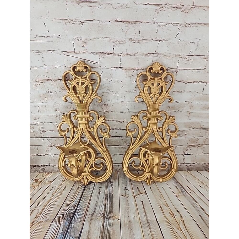 Vintage Ornate Hollywood Regency Wall Candle Sconces Syroco Style MCM Bridgerton